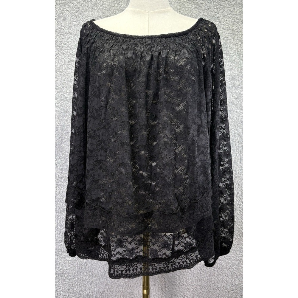 Festi Womens M/L Black Sheer Lace Top Open Back Balloon Sleeve Whimsigoth Boho